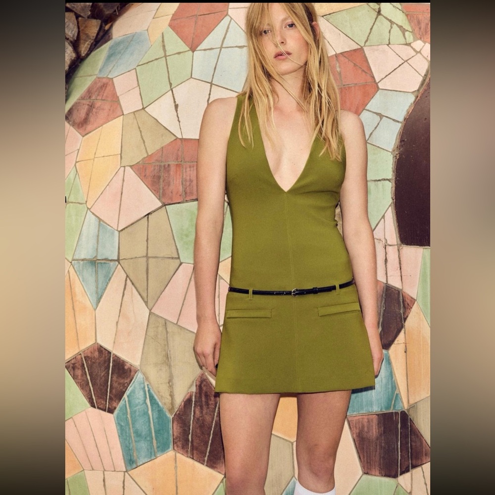 NWOT ZARA Olive Green Fitted Sleeveless Deep V Belted Mini Dress Sz XS